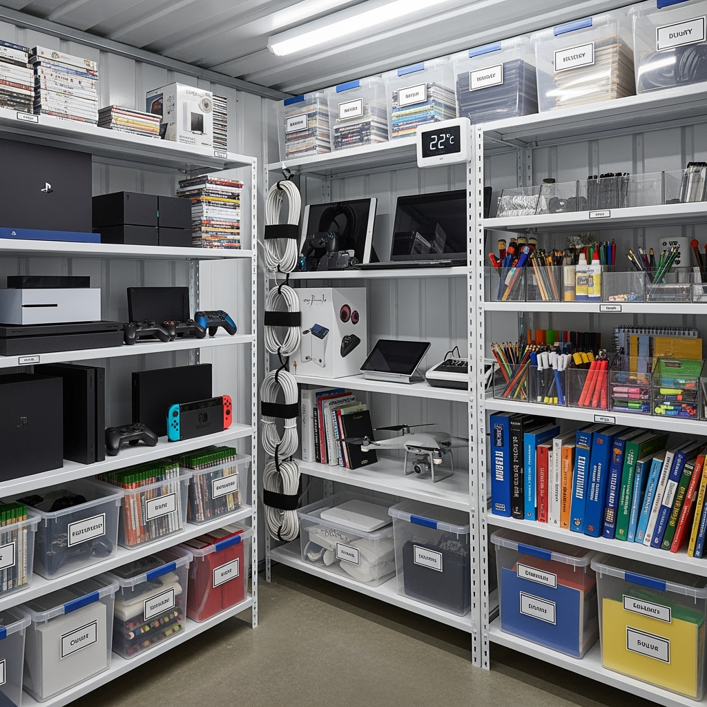 Climate-controlled storage unit with organized electronics