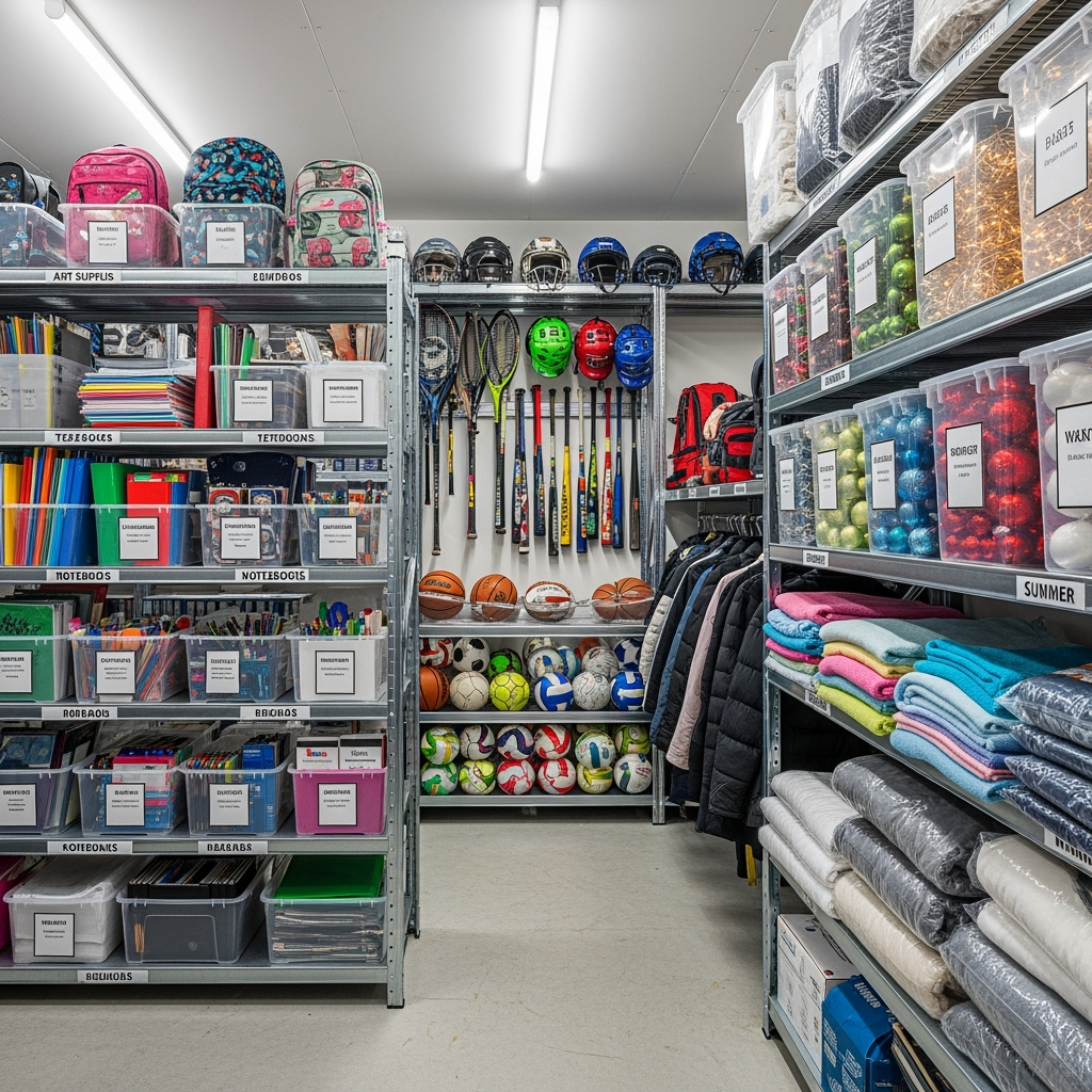 Well-organized storage unit with school and sports equipment