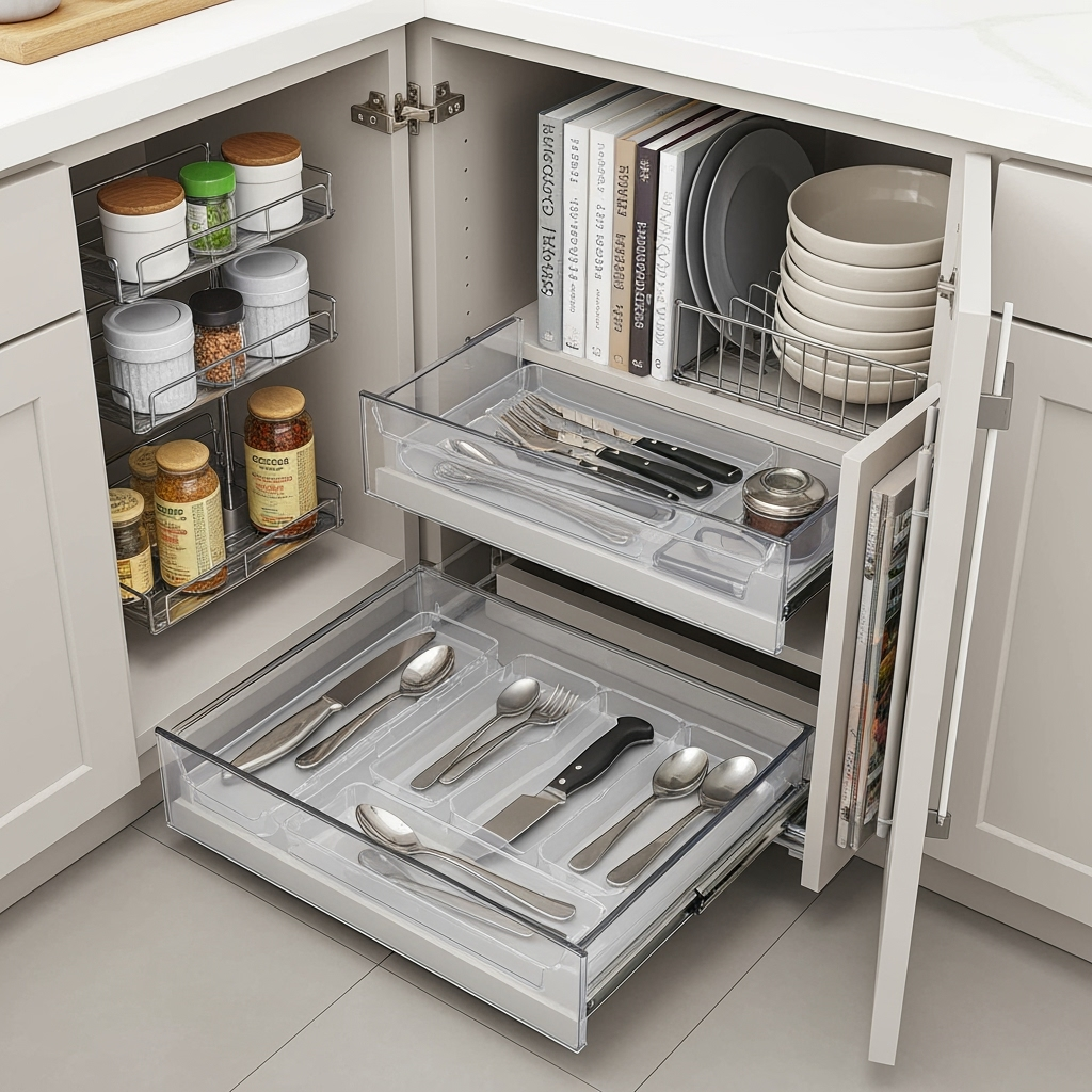 Kitchen cabinet organization systems and solutions