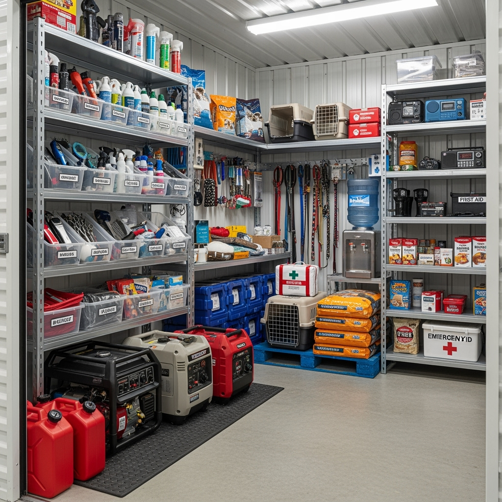 Organized emergency supply station with backup equipment and generators