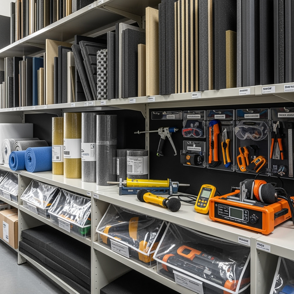 Organized storage area with acoustic panels and work equipment