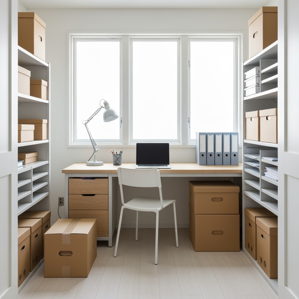 Home office space showing organized temporary storage solutions