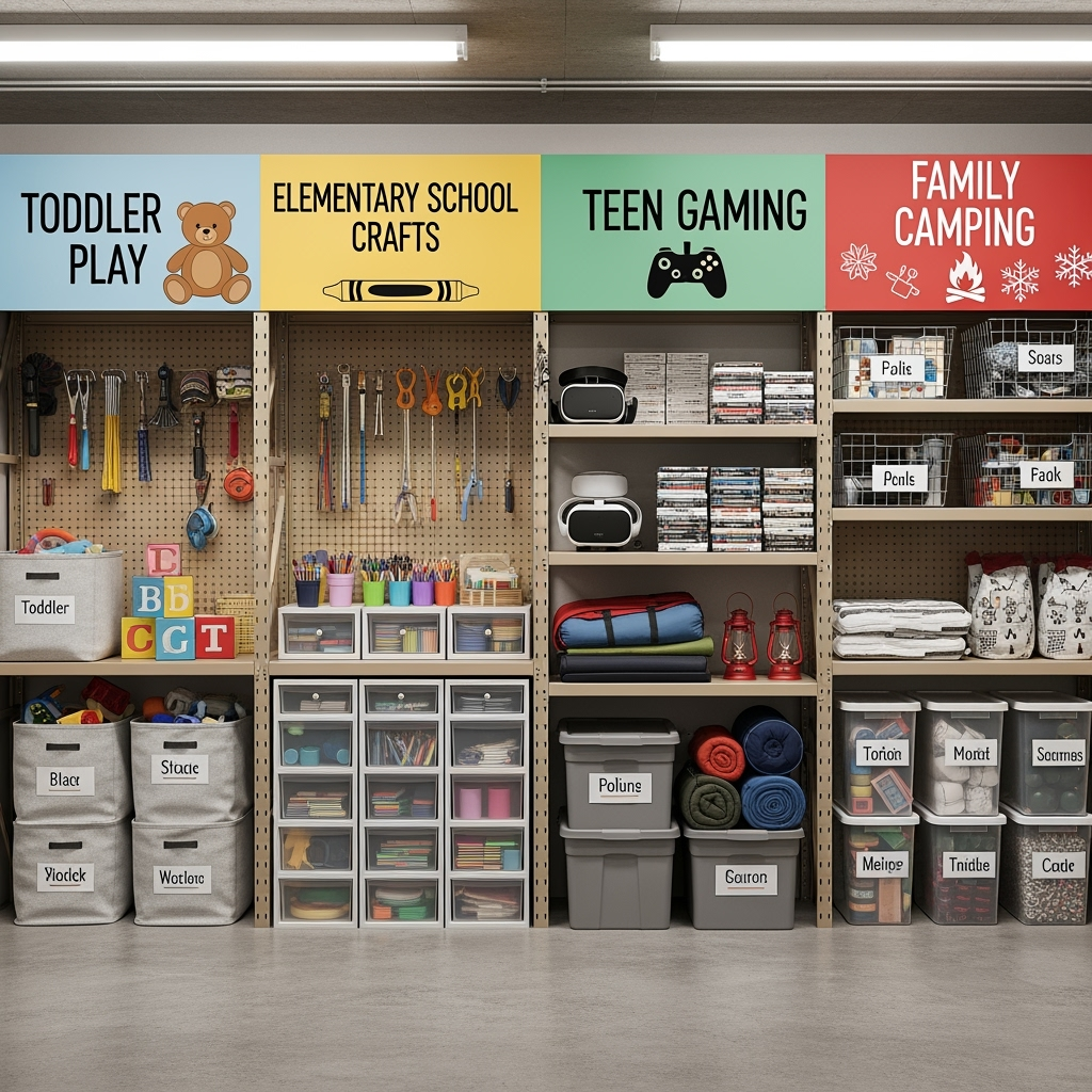 Storage unit zones organized by family activities and age groups