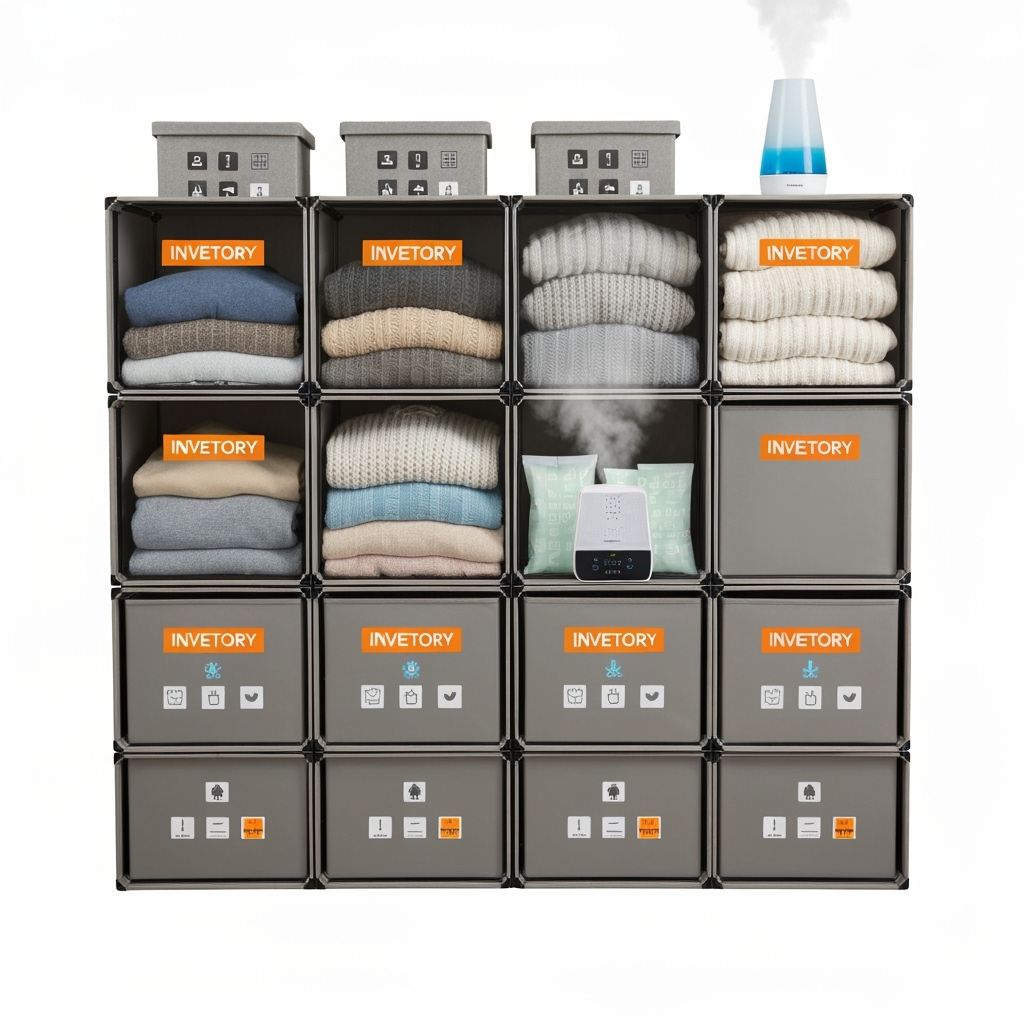 Seasonal clothing storage system with protective covers and inventory tracking