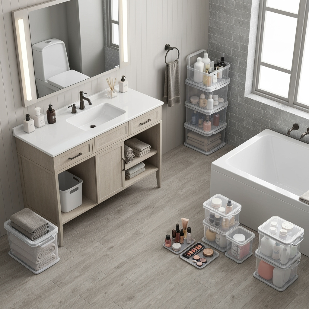 Bathroom items organized in portable storage solutions