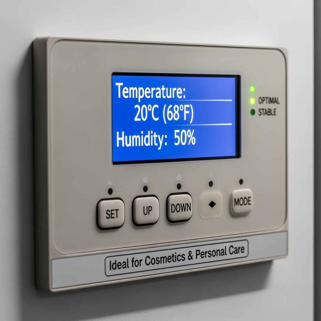 Temperature and humidity control panel in climate-controlled storage unit