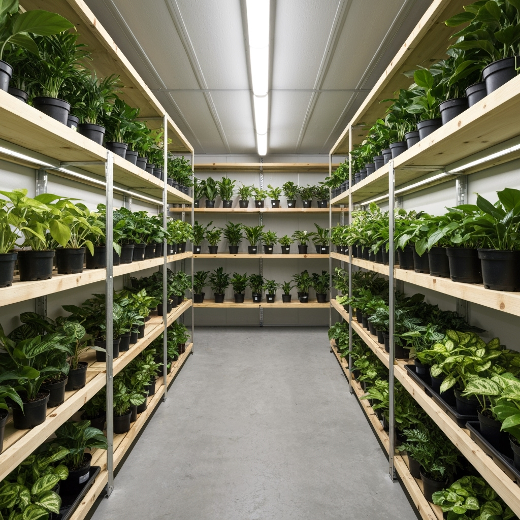 Climate-controlled storage unit with properly arranged plants