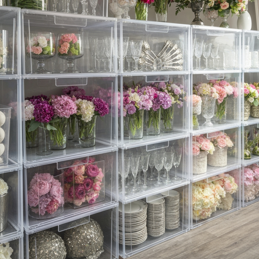Wedding centerpieces and decorations organized in storage containers