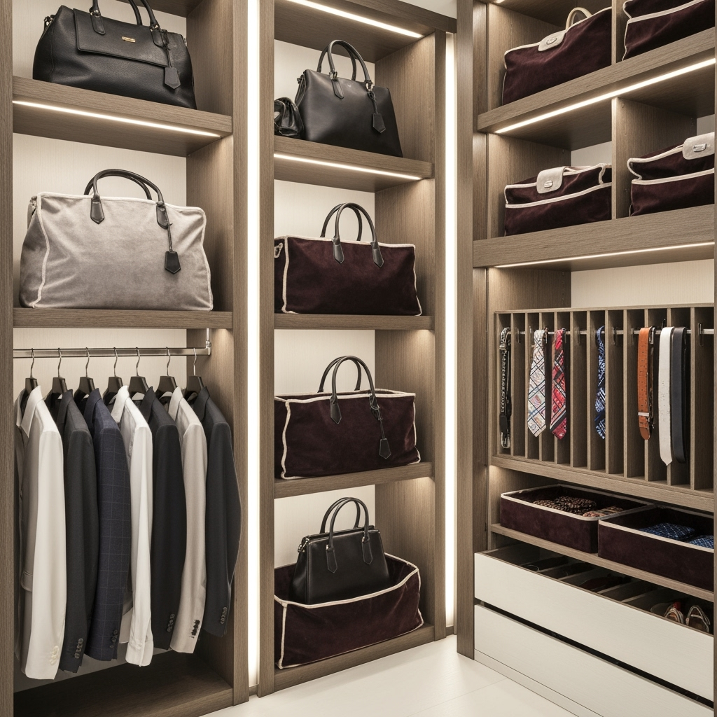 Organized luxury closet storage with specialized compartments