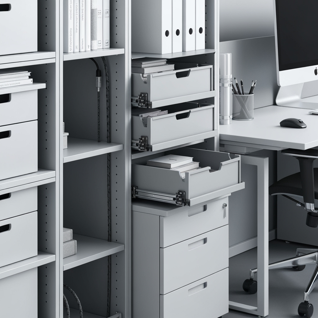 Organized storage unit workspace with efficient vertical storage and cable management
