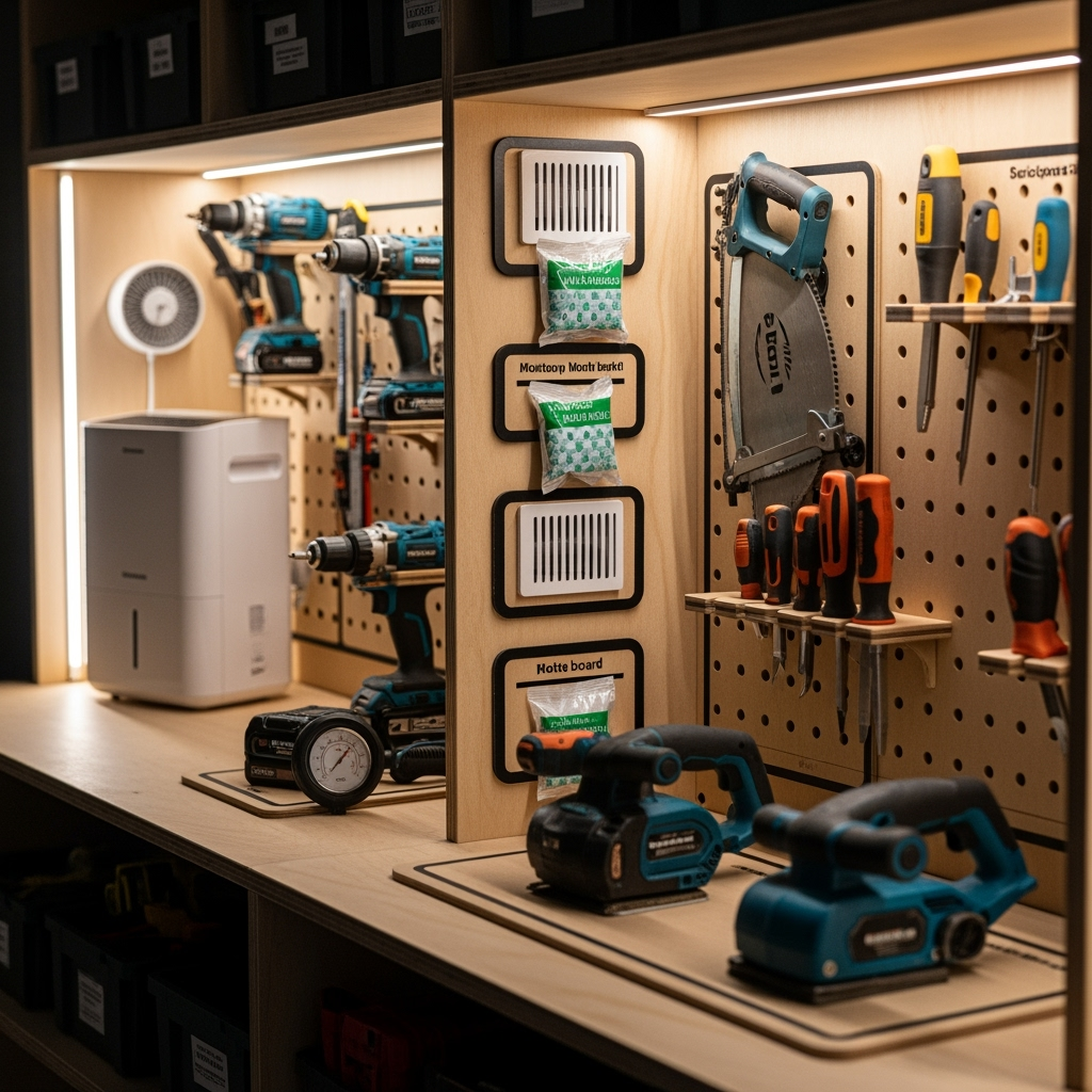 Detailed view of organized power tool storage system
