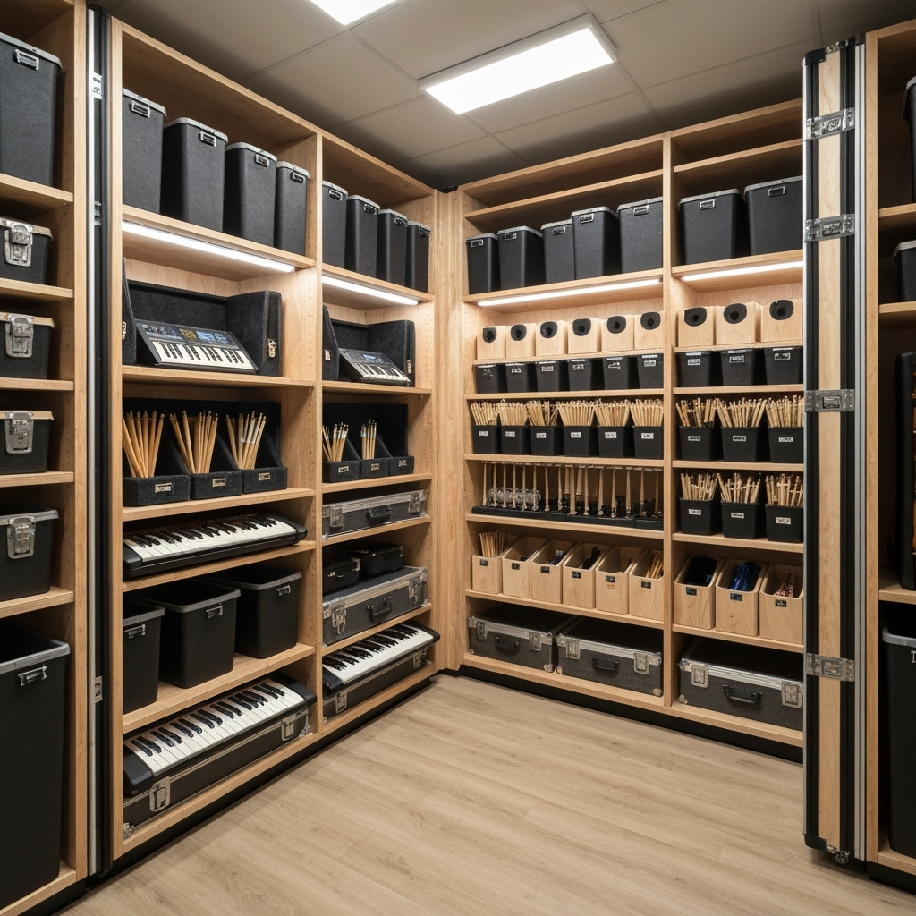Detailed view of organized musical equipment storage solutions