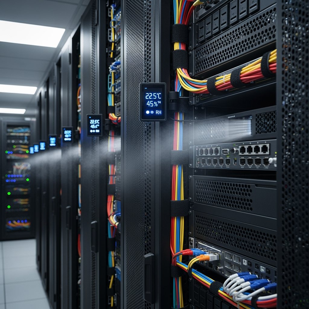 Close-up of proper electronic equipment storage with temperature monitoring