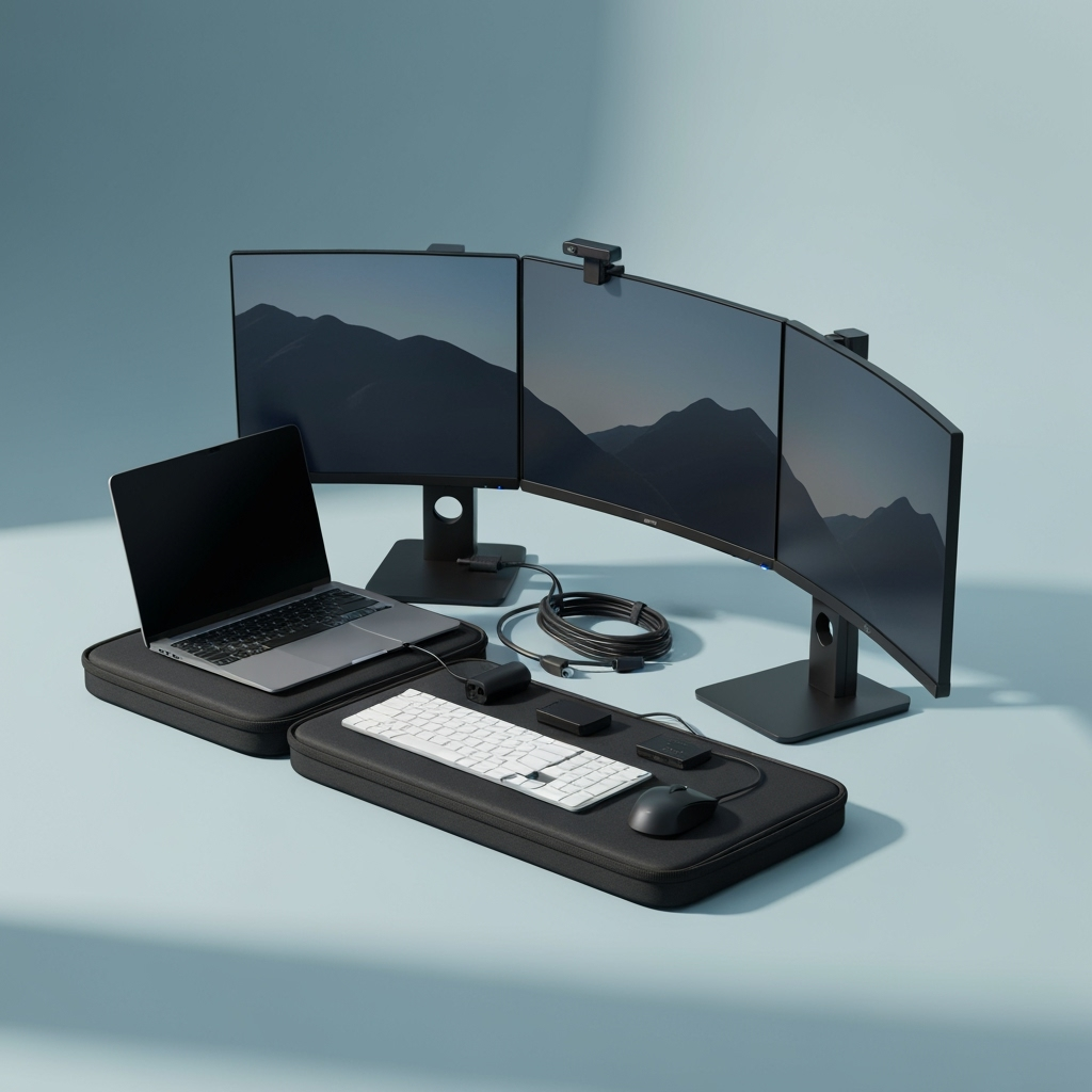 Portable workstation setup with organized equipment
