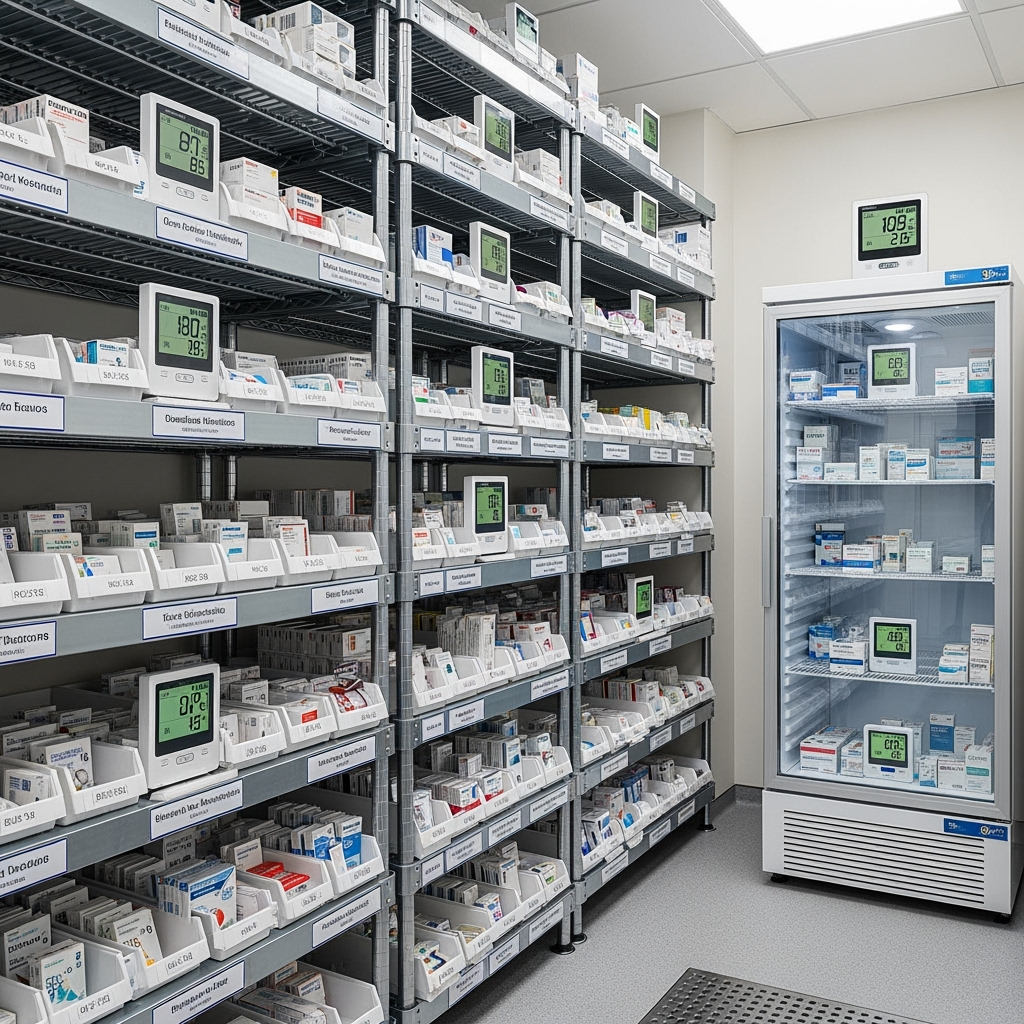 Organized medication storage system with proper labeling and temperature monitoring