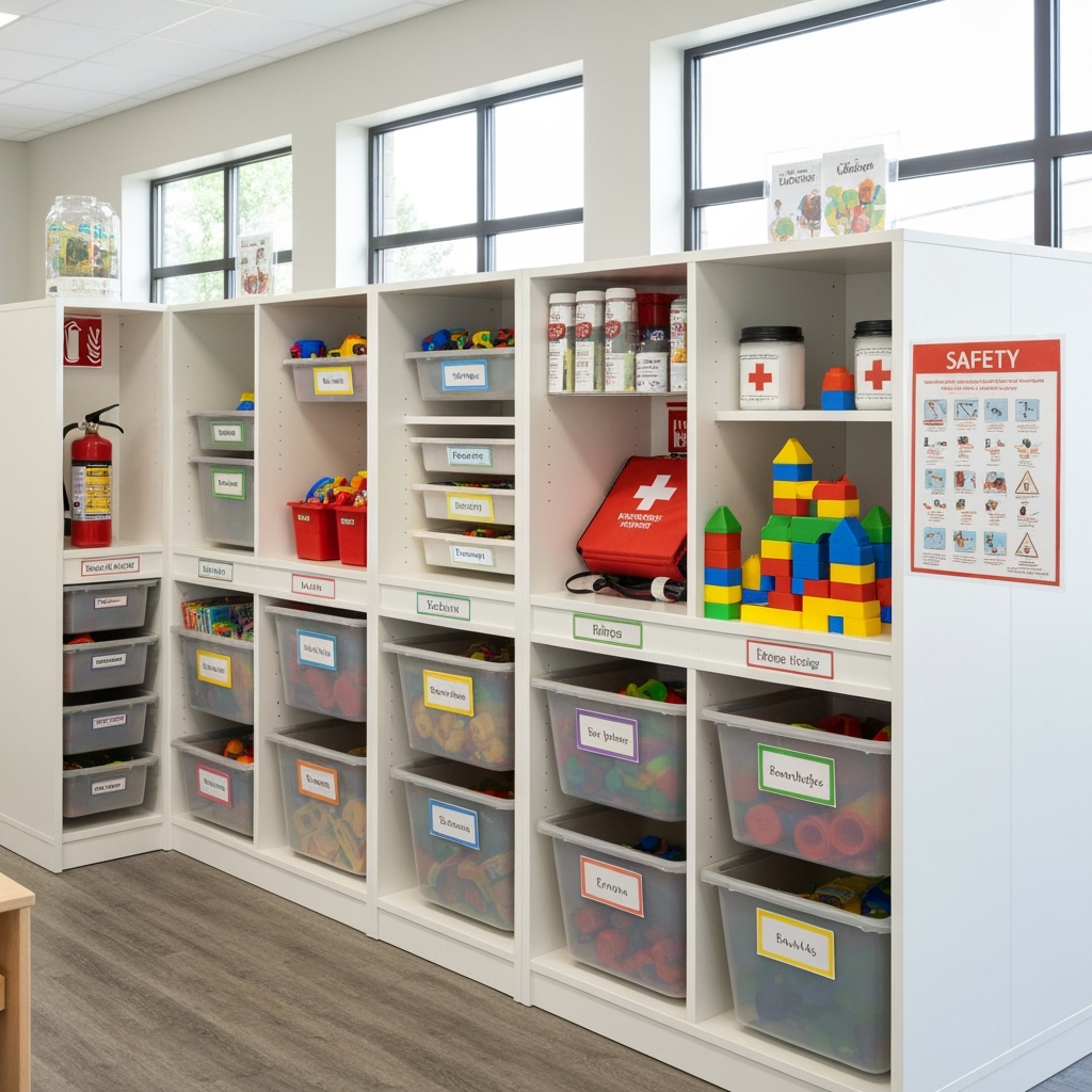 Daycare storage system with labeled bins and safety equipment