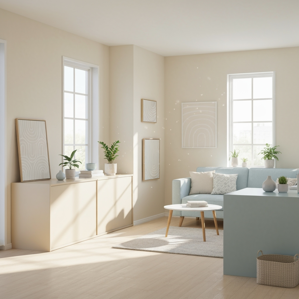 A bright, organized living room with minimal clutter and calming atmosphere