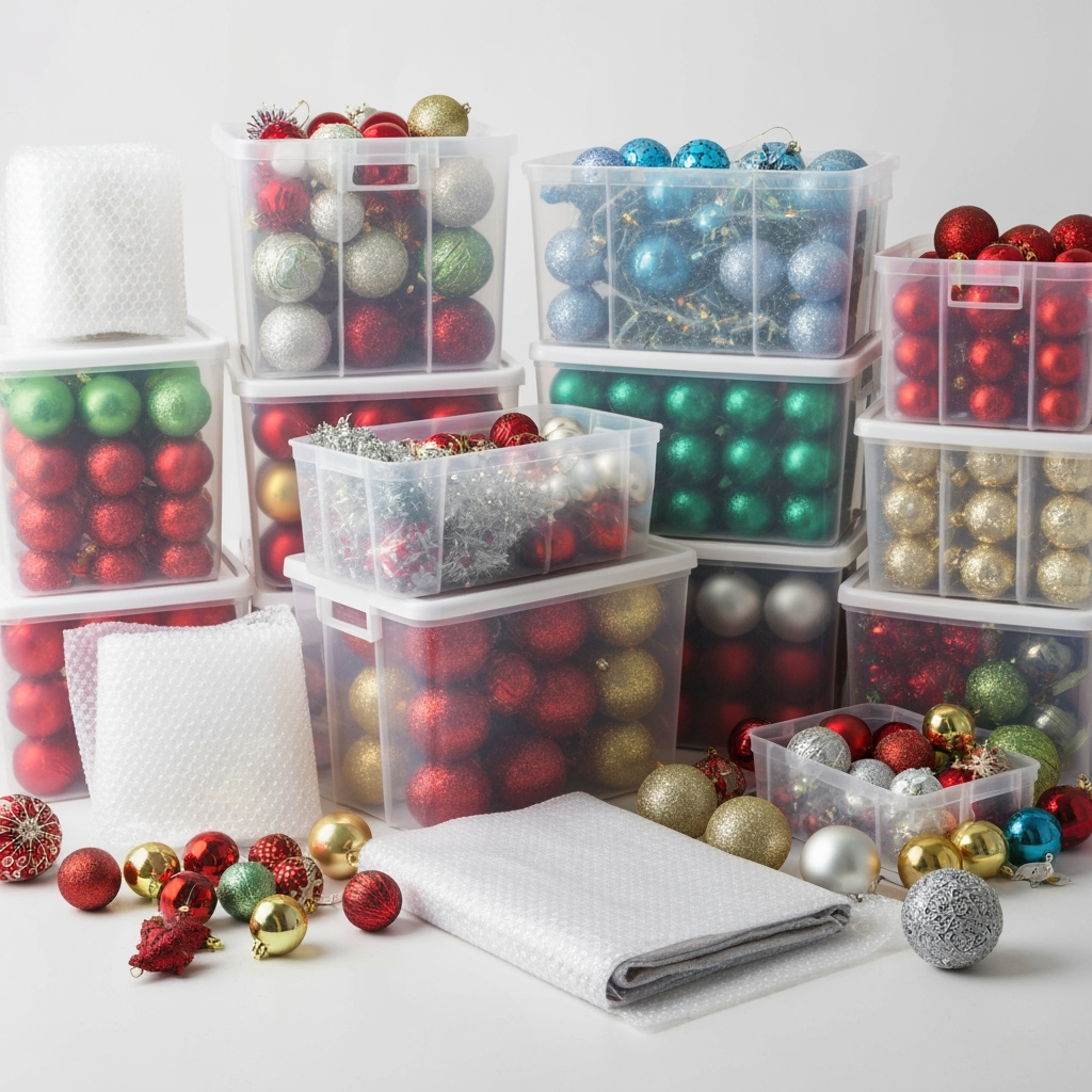 Holiday decorations being carefully packed into storage containers