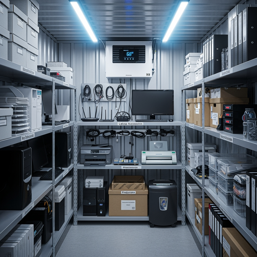 Climate-controlled storage unit with electronics properly stored
