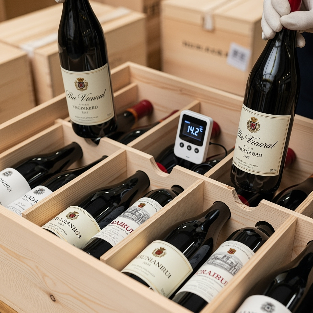 Wine bottles being packed in specialized shipping crates