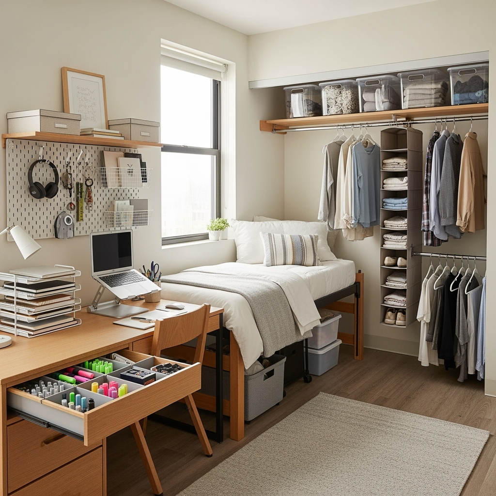 Detailed storage solutions in a dorm room setting