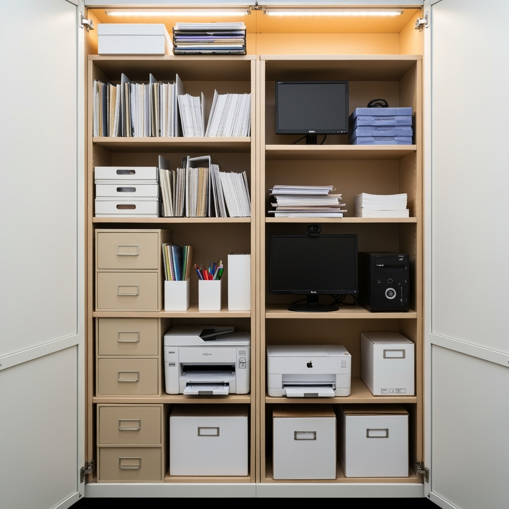 Organized storage unit with office equipment and supplies