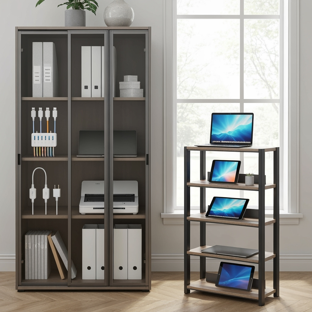 Detailed view of home office storage solutions