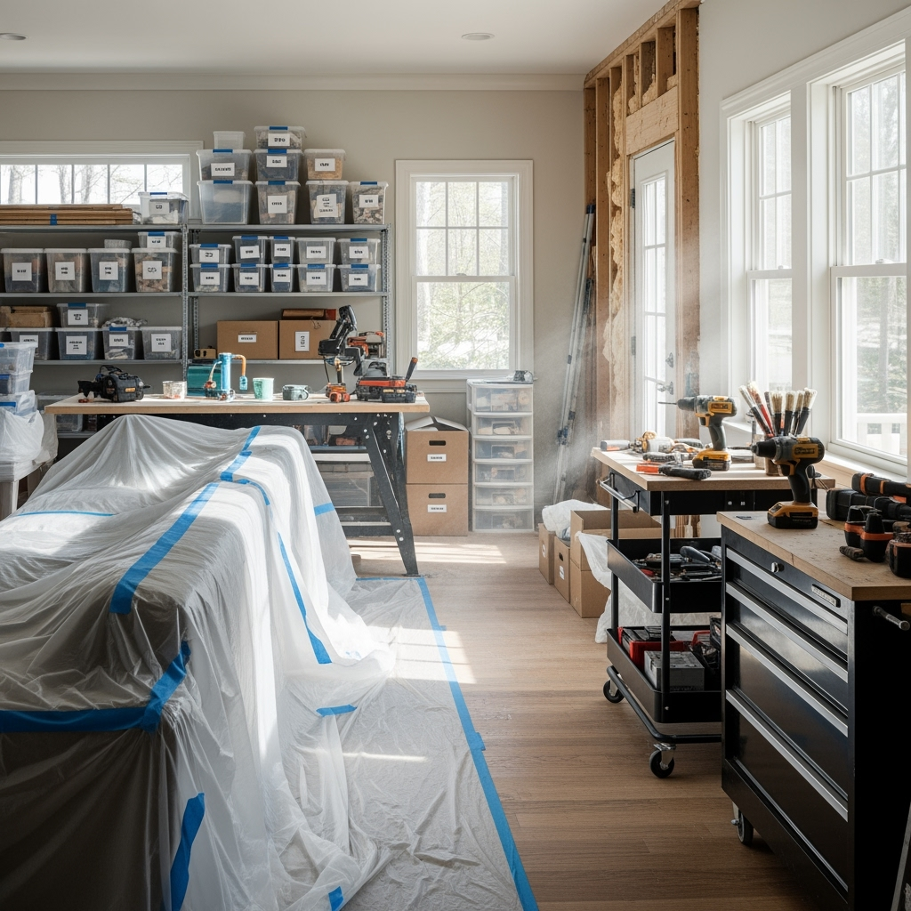 Protected furniture in storage during renovation