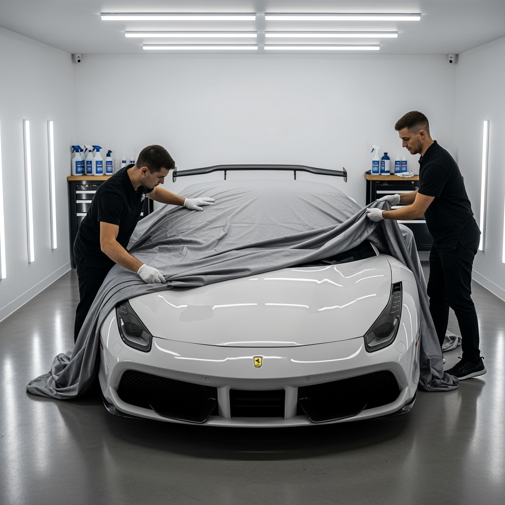 Vehicle being carefully prepared for storage with protective cover