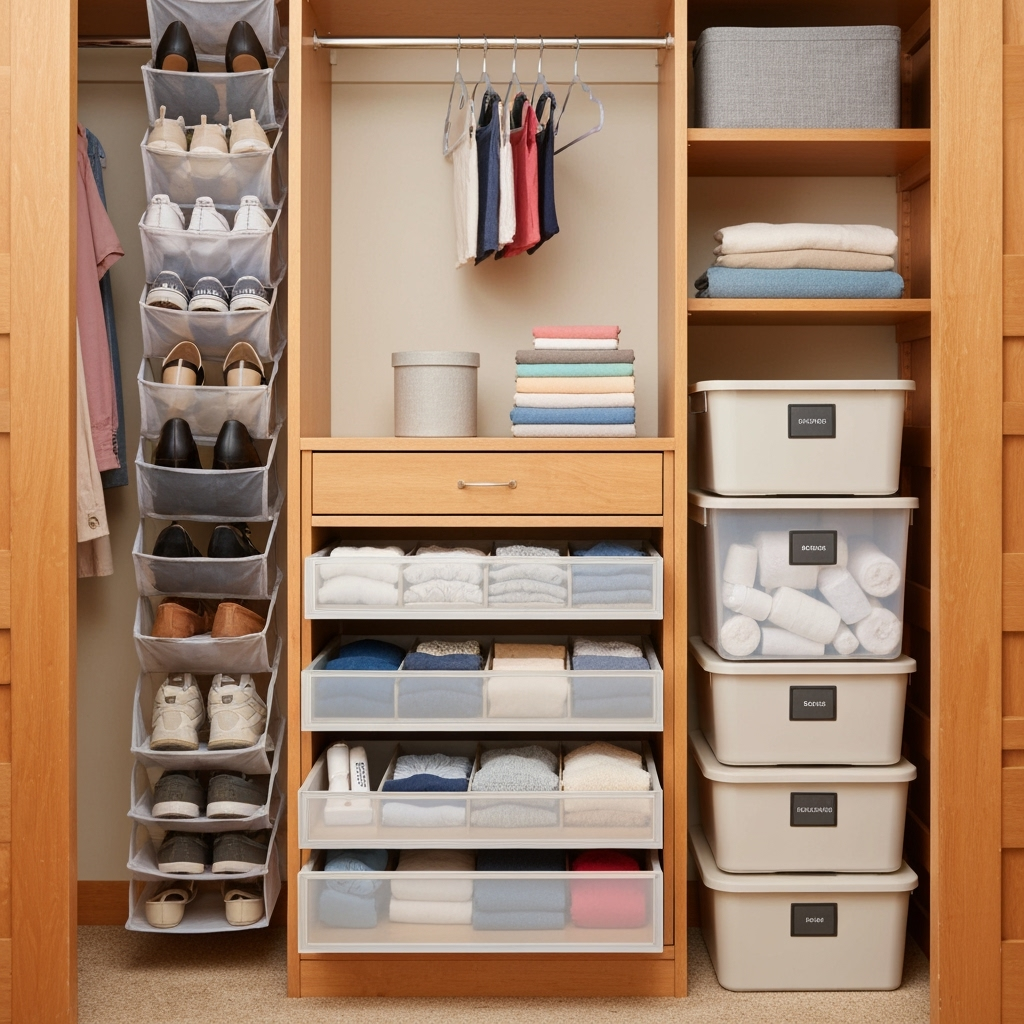 Practical dorm closet storage solutions including organizers and bins