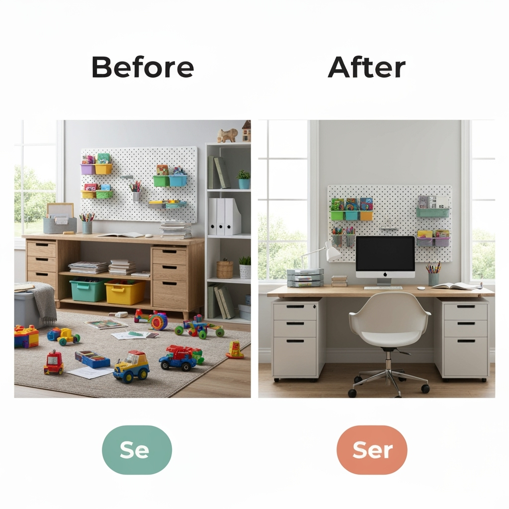 Organized home office with separate work and play zones