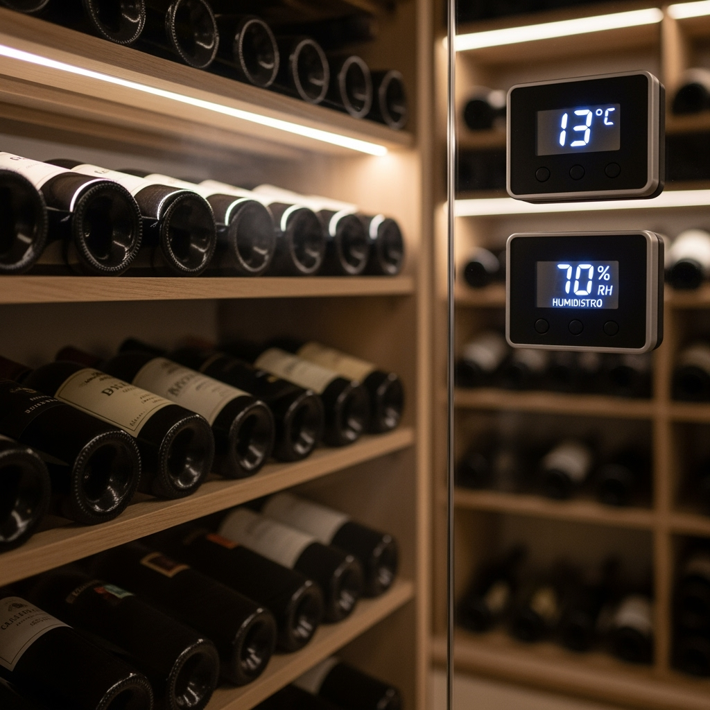 Close-up of wine bottles in climate-controlled storage with temperature monitoring