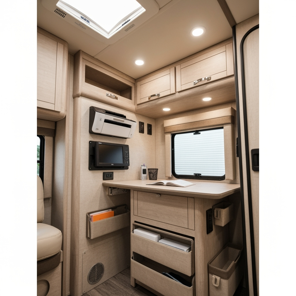 Clever storage solutions in RV office space