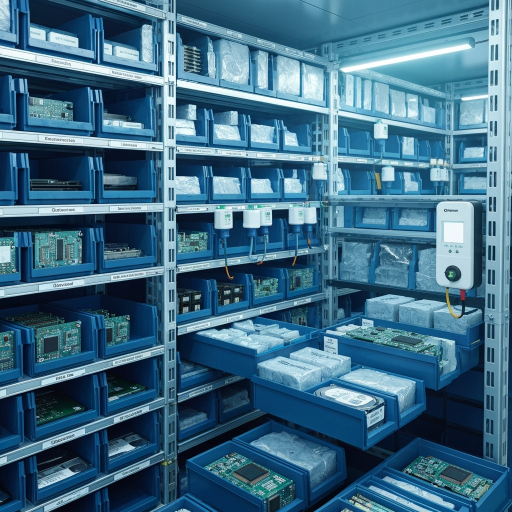 Properly labeled and organized tech storage bins with protective measures
