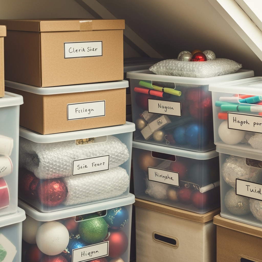 Close-up of organized holiday decoration storage containers with smart labeling