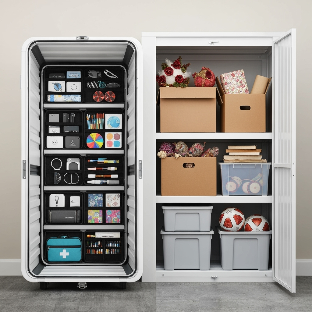 Organized items inside portable storage pod and traditional storage unit