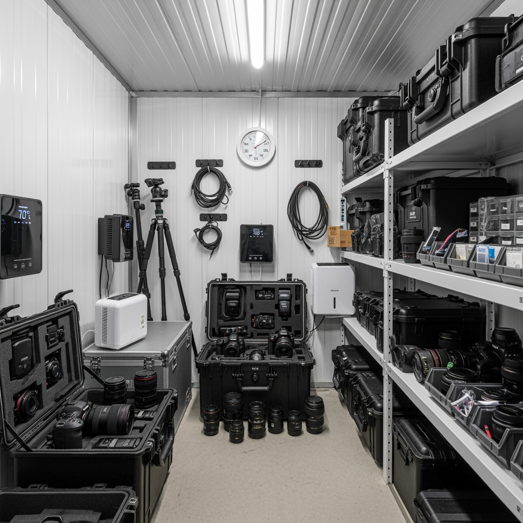 Climate-controlled storage unit with photography equipment