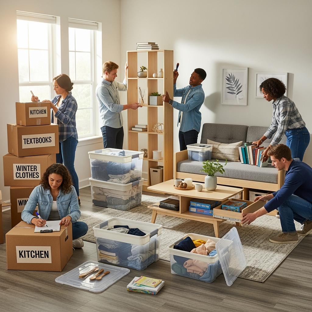 College students organizing apartment essentials with storage solutions