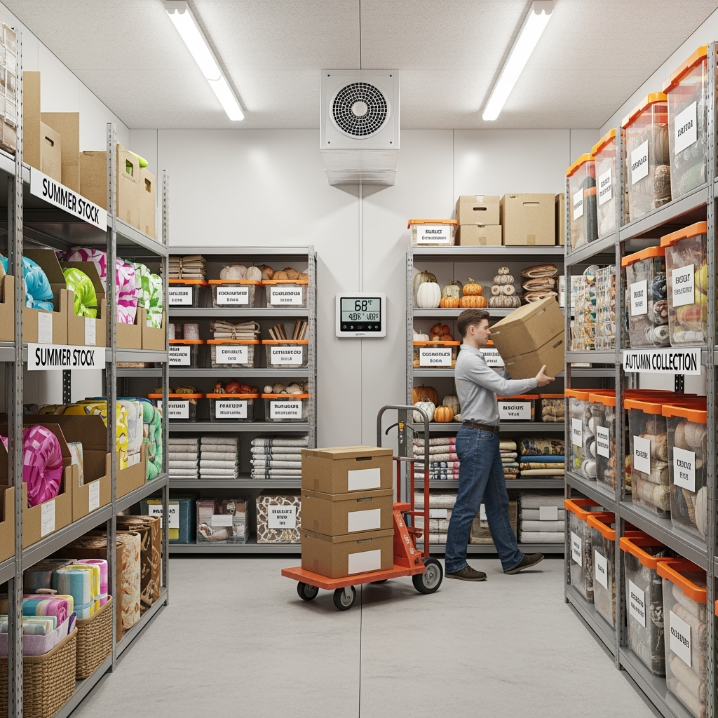 Climate-controlled storage unit section with seasonal business inventory