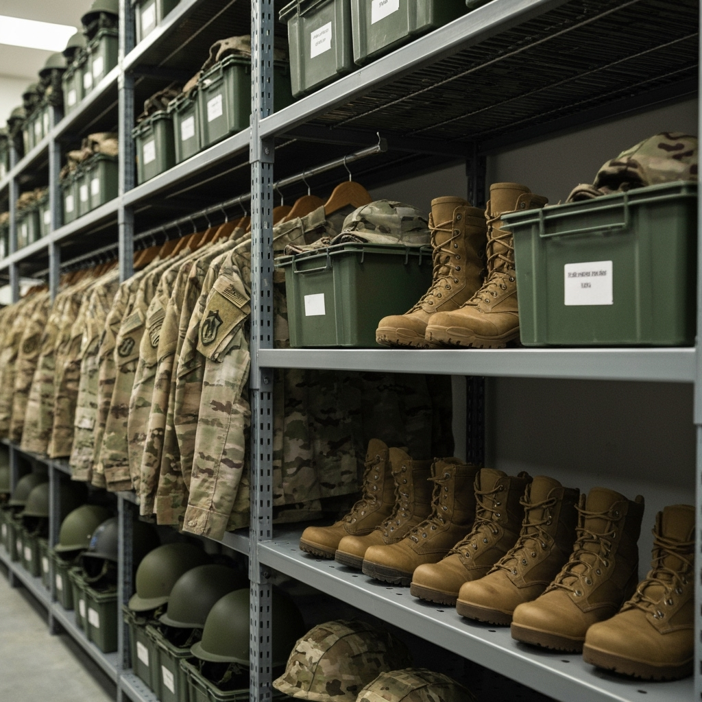 Properly stored military uniforms and equipment