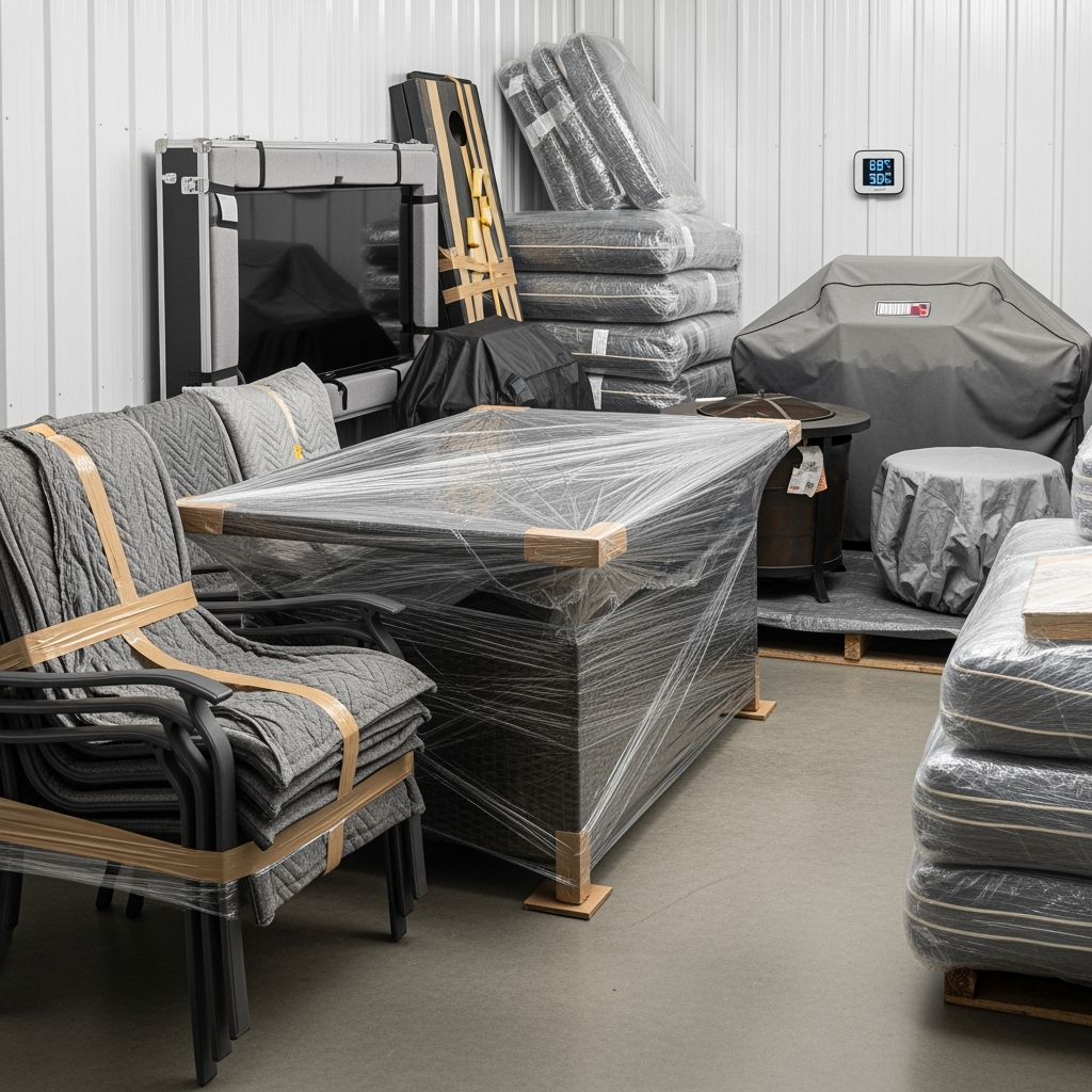 Properly wrapped and protected outdoor furniture and entertainment items in storage