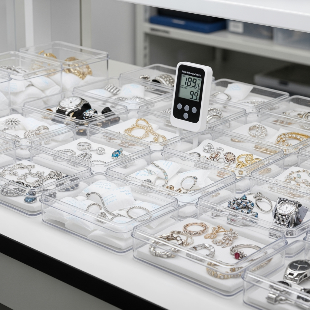 Organized jewelry and accessories in protective storage containers with climate monitoring