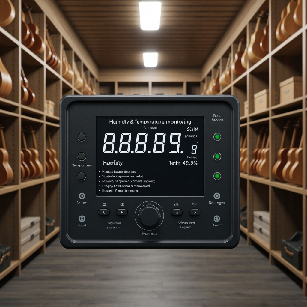 Humidity and temperature monitoring systems for musical instrument storage