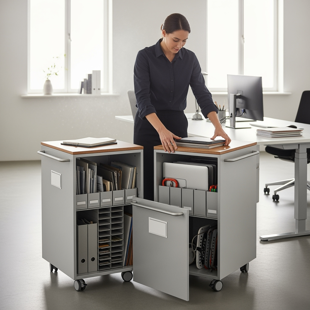 Person organizing work equipment between mobile storage containers
