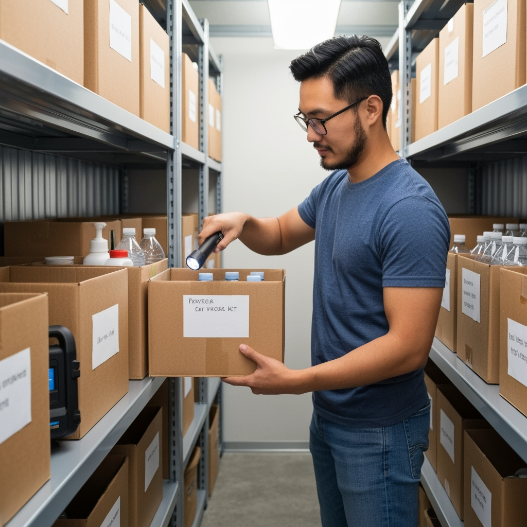 College student organizing emergency supplies in a storage unit