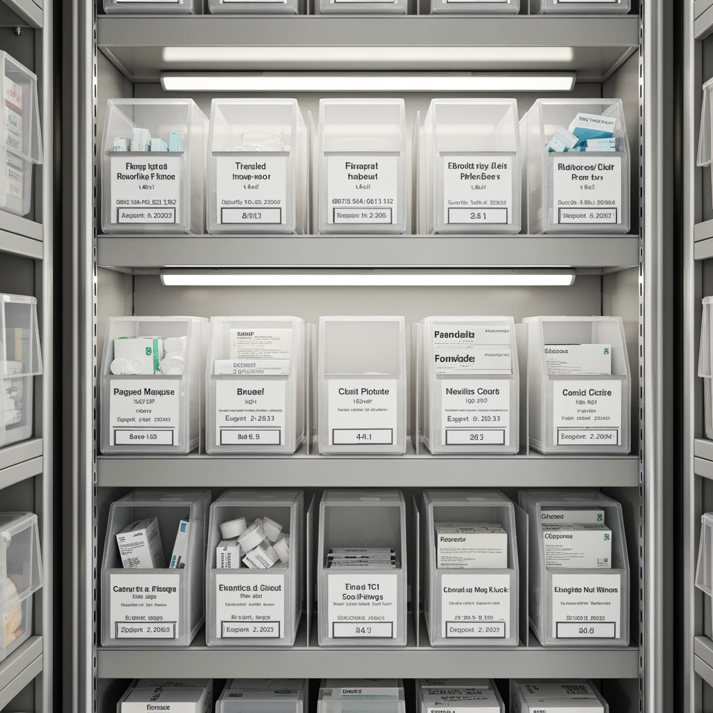 Organized storage shelf with medical supplies in climate-controlled storage unit