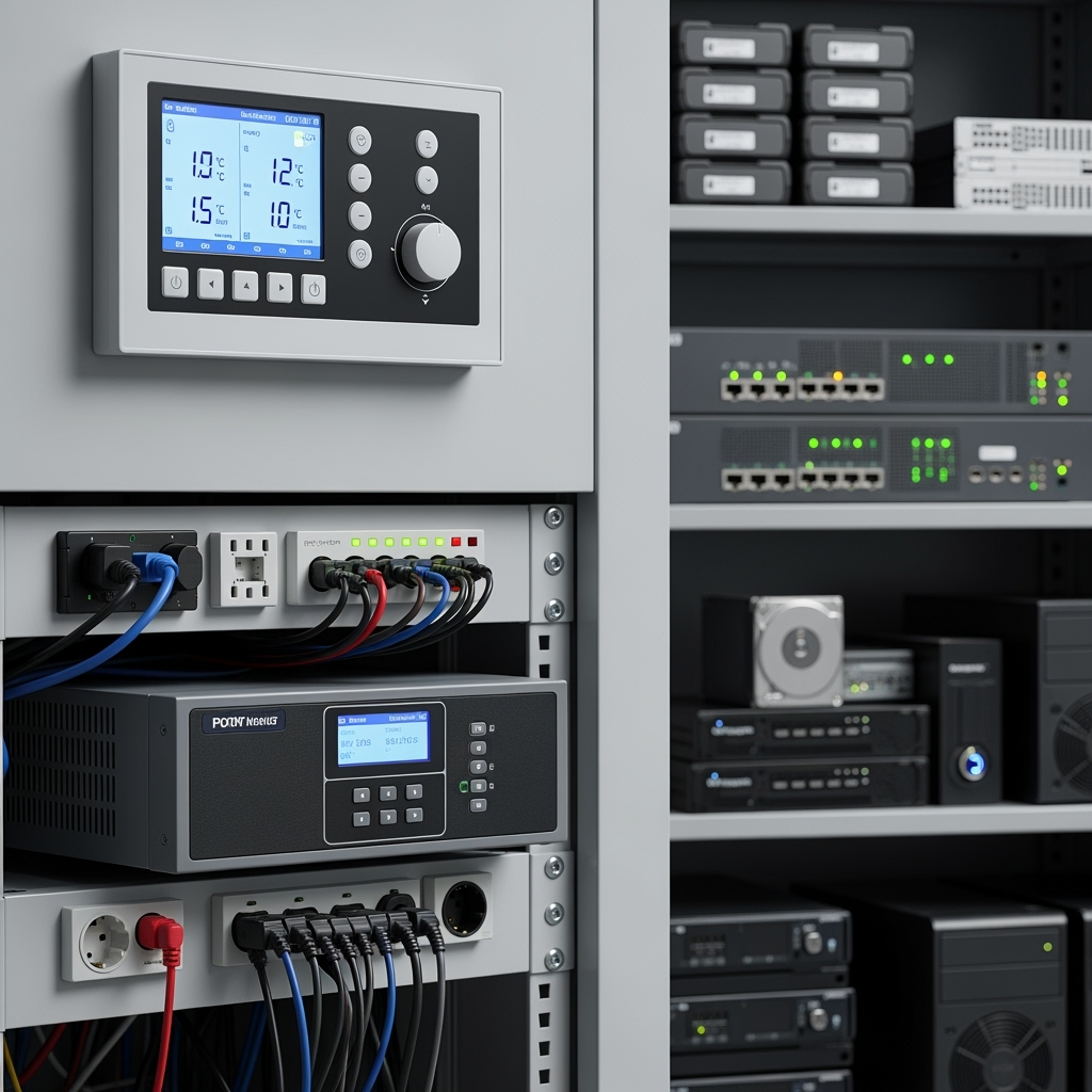 Climate control panel and power protection equipment in storage unit