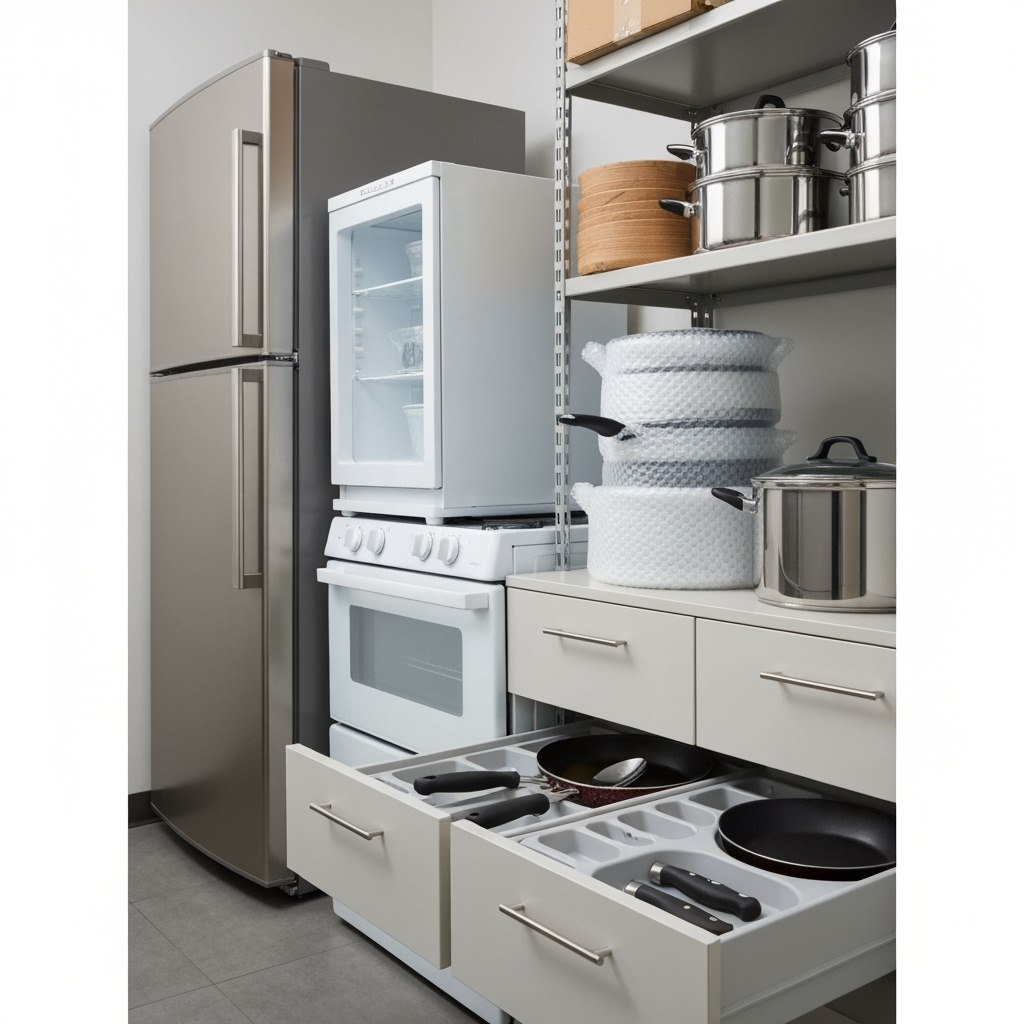 Well-organized kitchen items in storage