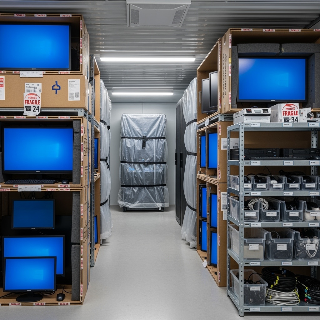 Climate-controlled storage unit with properly stored monitors and tech equipment