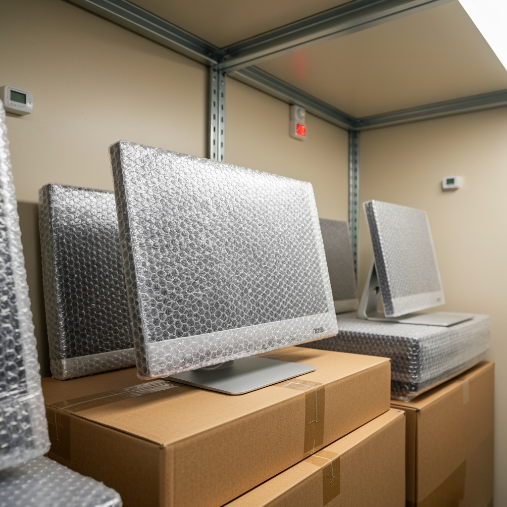 Properly wrapped and protected computer monitors in storage